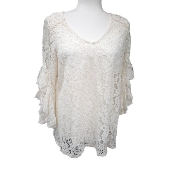 Fever lacey overlay top with ruffled arms size large - Picture 1 of 16